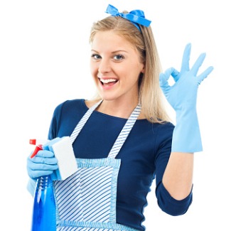 Picture of female cleaner with cleaning products